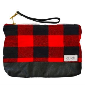 Clutch Plaid Wristlet Red Black Faux Leather Fabric